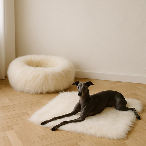 Lyx Hundsovpaket – rund fårskinnsbädd och vit fårskinnsmatta med vilande hund i ljust rum
