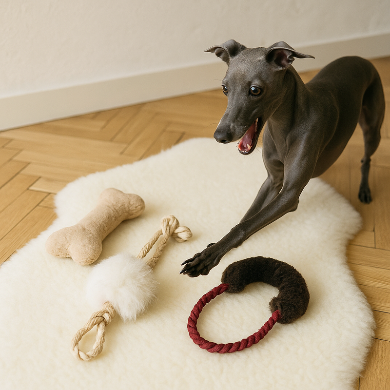 Lekglad Hund Paket – fårskinnsbenleksak, fårskinnsdragleksak och ullringsleksak med lekfull hund